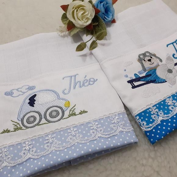 Kit 2 Fraldas Omrbo Bordada Ursinho Aviador Menino