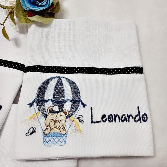 Kit 3 Fraldas de Boca Bordada Personalizado Ursinho Balão