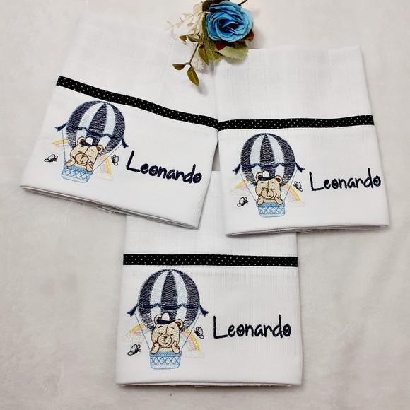 Kit 3 Fraldas de Boca Bordada Personalizado Ursinho Balão