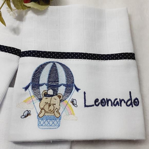Kit 3 Fraldas de Boca Bordada Personalizado Ursinho Balão