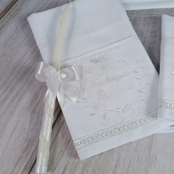 Kit Batizado Fralda Personalizadas Branca, Embalagem e Vela