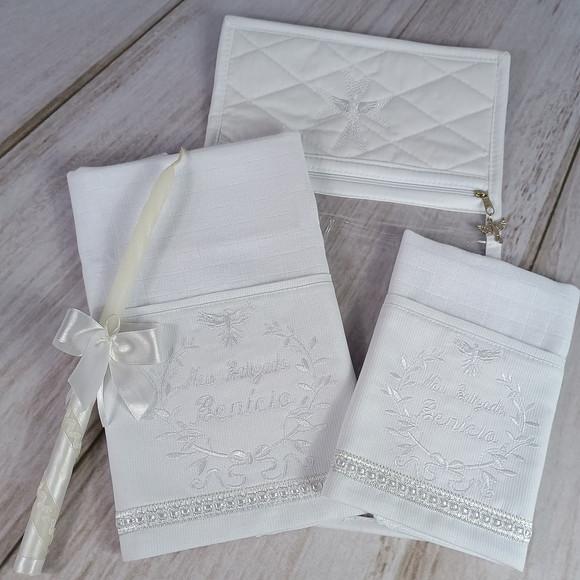 Kit Batizado Fralda Personalizadas Branca, Embalagem e Vela