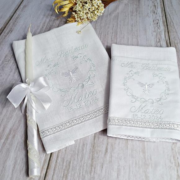 Kit Batizado Personalizado Toalha de Linho, Fralda e Vela