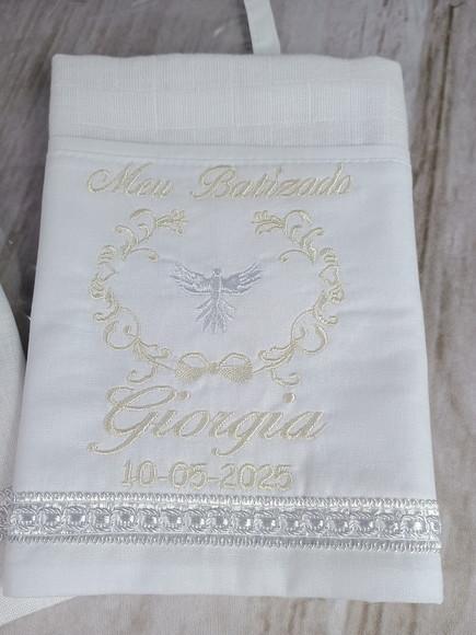 Kit Batizado Personalizado Toalha Linho, Fralda, Embalagem