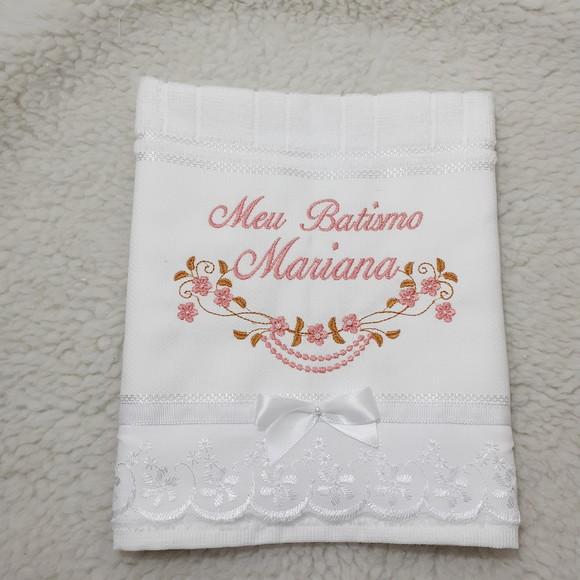 Kit Batizado Toalha Bordada Nome Rosa Menina e Vela