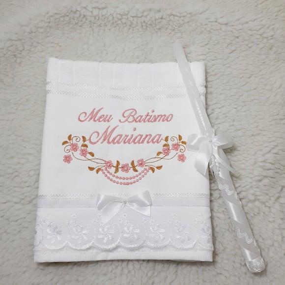 Kit Batizado Toalha Bordada Nome Rosa Menina e Vela