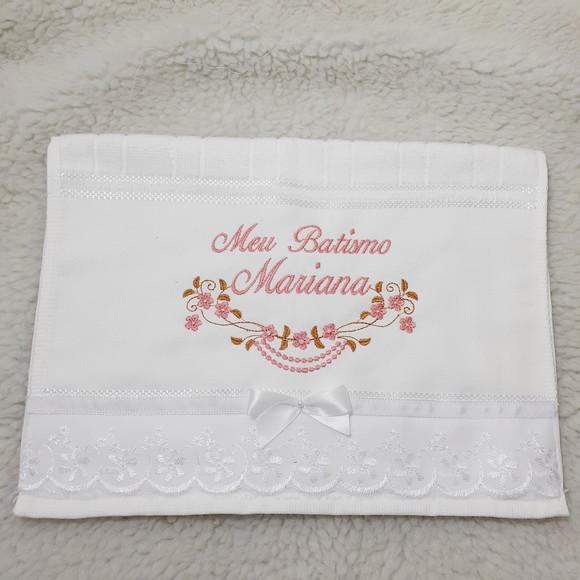 Kit Batizado Toalha Bordada Nome Rosa Menina e Vela
