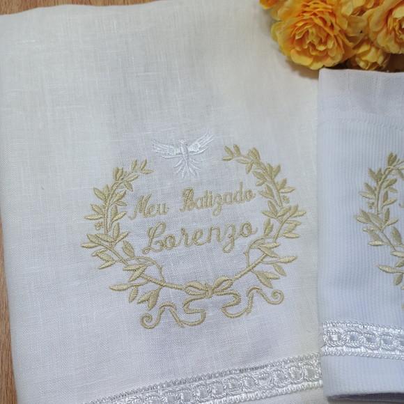 Kit Batizado Toalha de Linho e Fralda Personalizada Menino