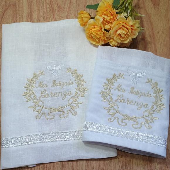 Kit Batizado Toalha de Linho e Fralda Personalizada Menino