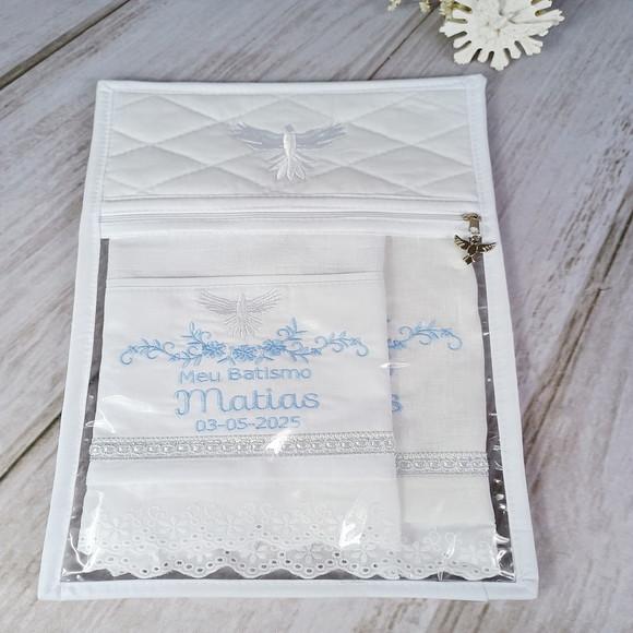 Kit Batizado Toalha Linho Personalizada Fralda e Embalagem