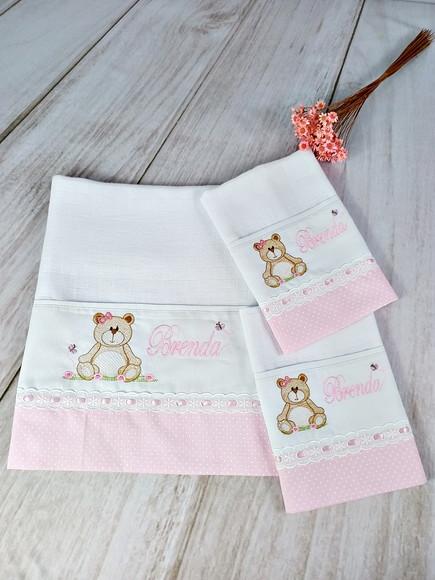 Kit Fralda Bordada e Personalizadas Ursinha Rosa Enxoval