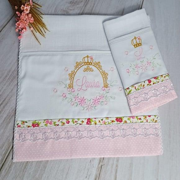Kit Fralda Bordadas e Personalizadas Flores Rosa Menina