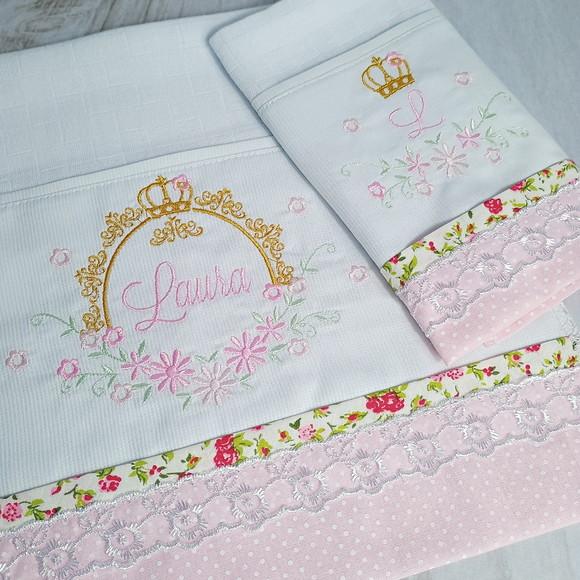 Kit Fralda Bordadas e Personalizadas Flores Rosa Menina
