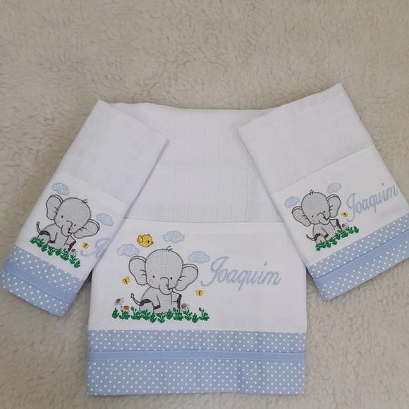 Kit Fraldas Bordadas e Fraldinha de Boca Elefantinho Azul