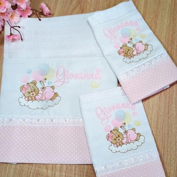 Kit Fraldas Bordadas e Personalizadas Ursinha Menina Rosa