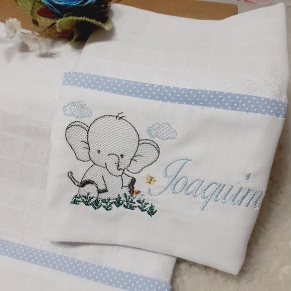 Kit Fraldas Bordadas Personalizadas Elefantinho Azul