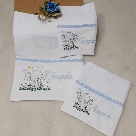 Kit Fraldas Bordadas Personalizadas Elefantinho Azul