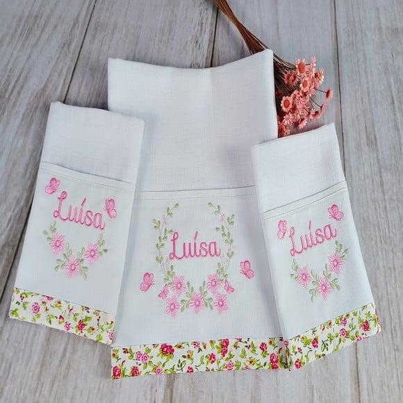 Kit Fraldas de Tecido Fralda de Boca Raminho Floral com Nome