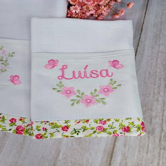 Kit Fraldas de Tecido Fralda de Boca Raminho Floral com Nome