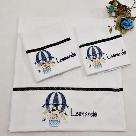 Kit Fraldas Personalizadas Bordada Ursinho Balão Azul