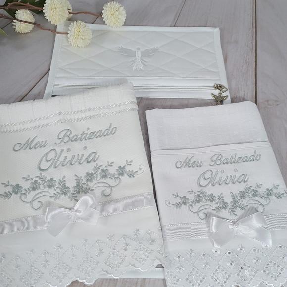 Kit Toalha Batizado Bordada Personalizada, Fralda, Embalagem