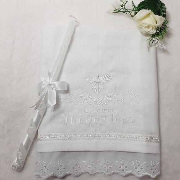 Kit Toalha Batizado Cambraia de Linho Bordada Vela Decorada
