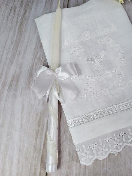 Kit Toalha Batizado Cambraia de Linho Bordado Branco Vela