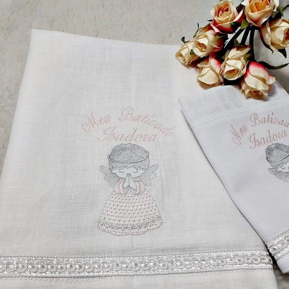 Kit Toalha Batizado em Linho, Vela e Fralda Personalizada