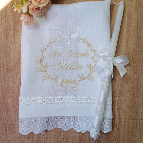 Kit Toalha Batizado de Linho Personalizada Menina e Vela