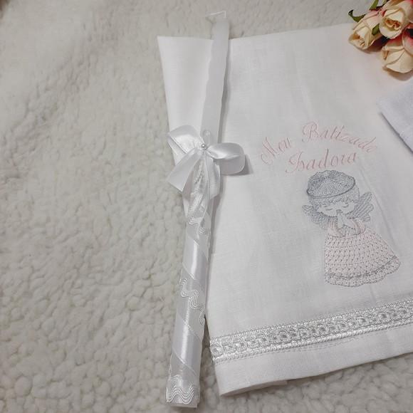 Kit Toalha Batizado em Linho, Vela e Fralda Personalizada
