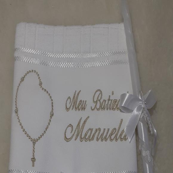 Kit Toalha Batizado Personalizada Terço e Vela Decorada