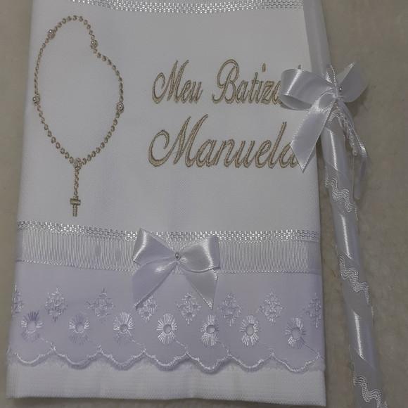 Kit Toalha Batizado Personalizada Terço e Vela Decorada
