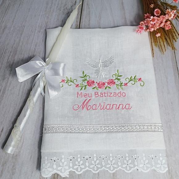 Toalha Batismo Cambraia Linho Espírito Santo Vela Decorada