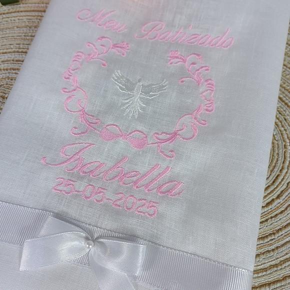 Toalha Batizado Cambraia de Linho Bordada Personalizada