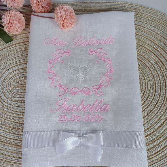 Toalha Batizado Cambraia de Linho Bordada Personalizada