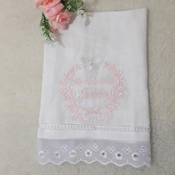 Toalha Batizado Cambraia de Linho Bordada Personalizada