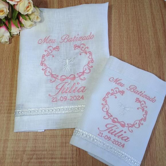 Toalha Batizado Cambraia Linho Bordada e Fralda Boca Branca