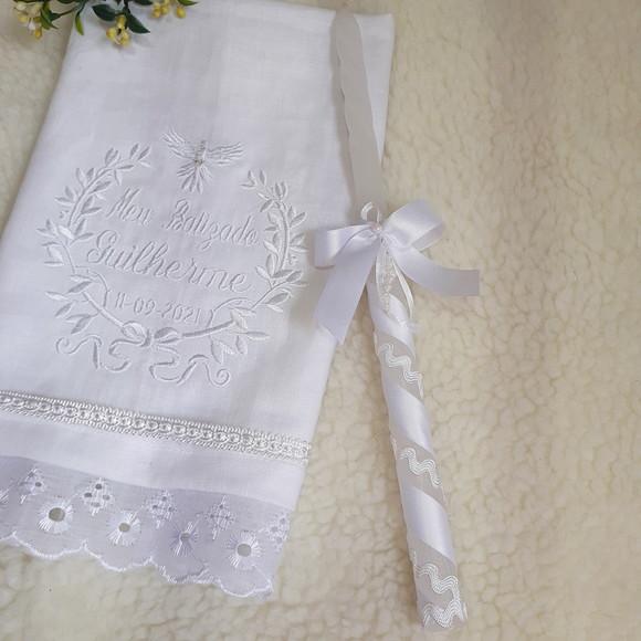 Toalha Batizado Cambraia Linho Espírito Santo Vela Decorada
