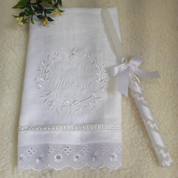 Toalha Batizado Cambraia Linho Espírito Santo Vela Decorada