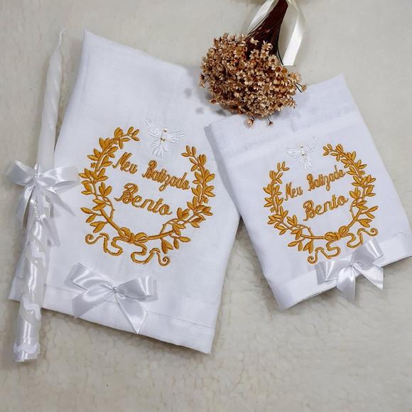Toalha Batizado Cambraia Linho Vela Decorada e Fralda Boca
