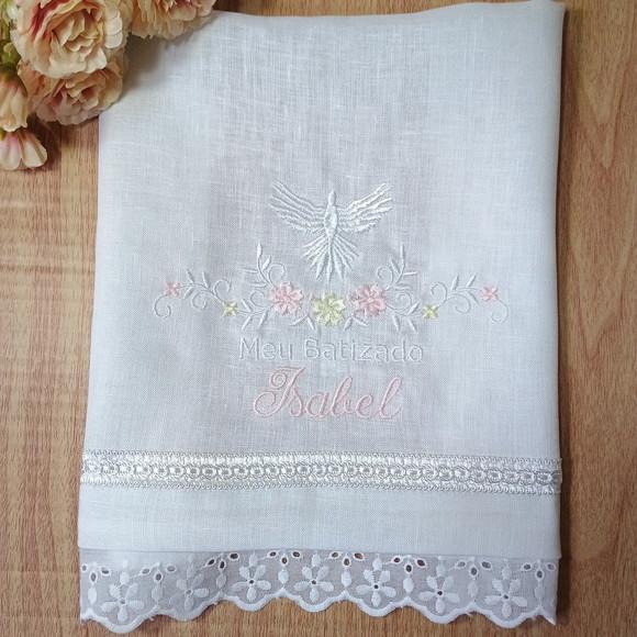 Toalha Batizado de Linho Personalizada Bordado Flores