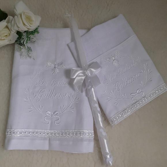 Toalha Batizado de Linho, Vela Decorada Fralda Personalizada