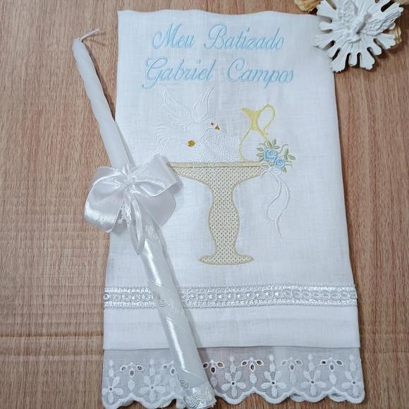Toalha Batizado Linho Bordada Personalizada Vela Decorada