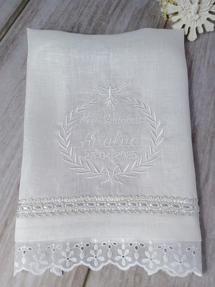 Toalha Batizado Linho Bordado Branco Personalizada