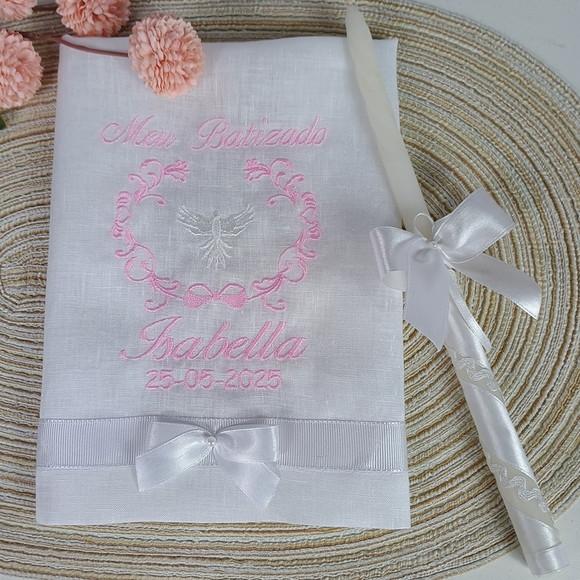 Toalha Batizado Linho Personalizado e Vela Decorada Menina
