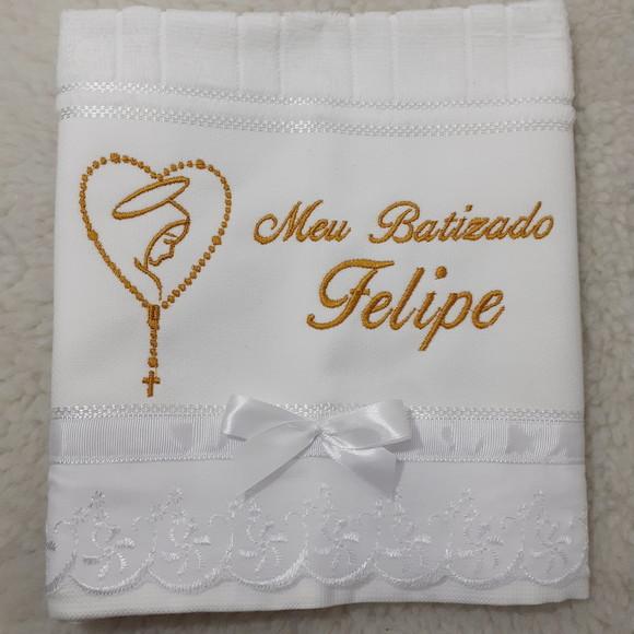 Toalha Batizado Menino Bordada Terço Nossa Senhora
