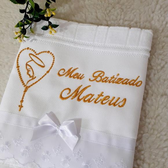 Toalha Batizado Menino Bordada Terço Nossa Senhora