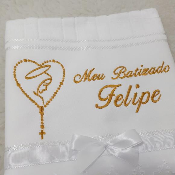 Toalha Batizado Menino Bordada Terço Nossa Senhora