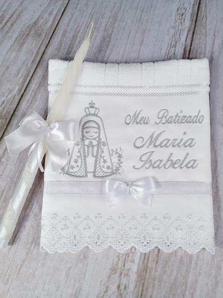 Toalha Batizado Nossa Senhora Aparecida Menina Cinza e Vela