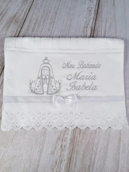 Toalha Batizado Nossa Senhora Aparecida Menina Cinza e Vela